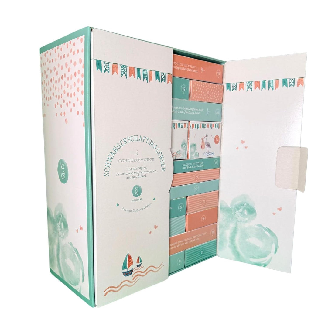 Erstausstattungs-Schwangerschaftskalender/Countdownbox mit Geschenken für 24 Schwangerschaftswochen