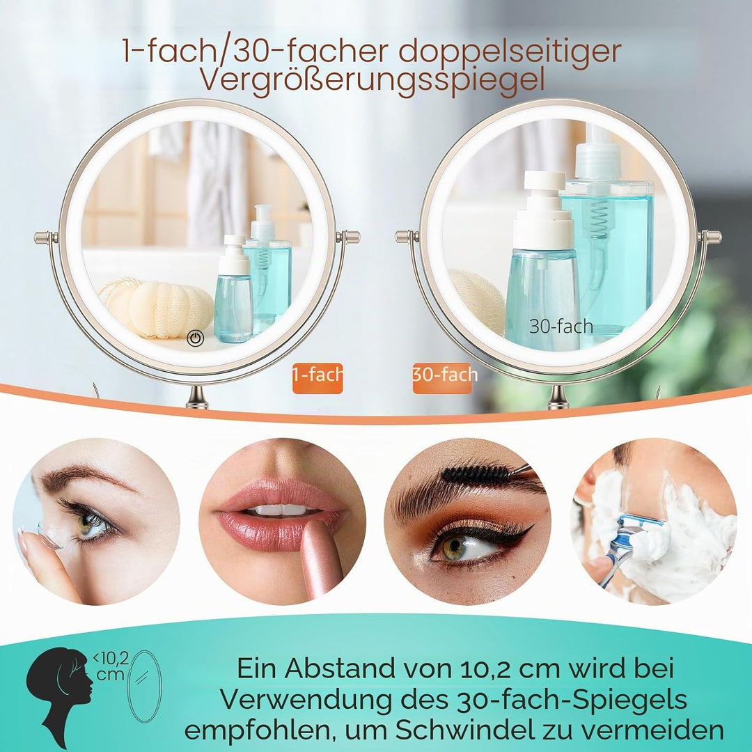 USB Wiederaufladbarer Schminkspiegel mit Licht, Doppelseitiger Schminkspiegel mit 1X/10X Vergrösseru