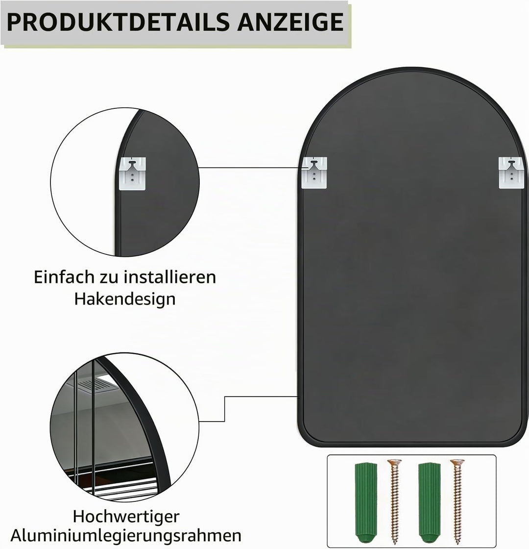 50 x 70 cm grosser gewölbter Spiegel schwarz gebürsteter Rahmen Wandspiegel Metallrahmen HD Glas Wan
