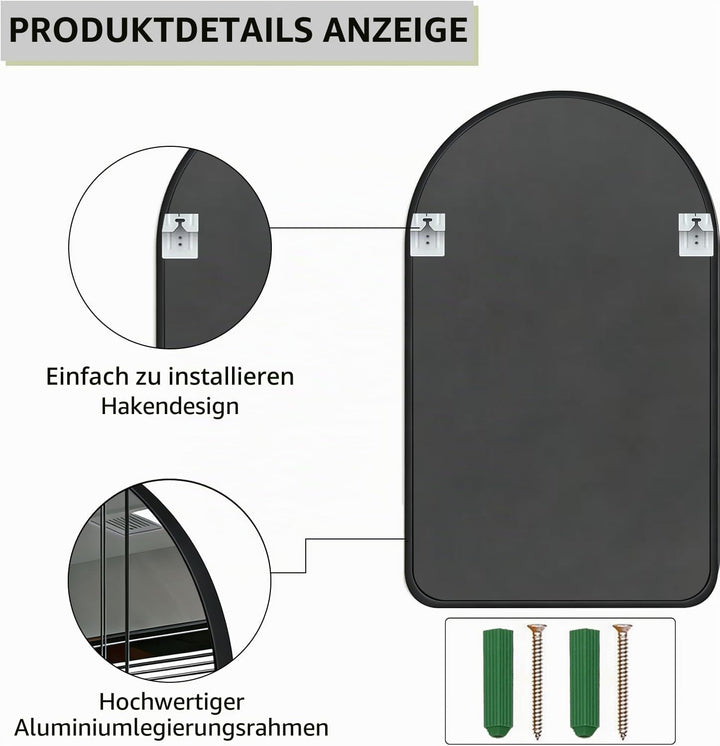50 x 70 cm grosser gewölbter Spiegel schwarz gebürsteter Rahmen Wandspiegel Metallrahmen HD Glas Wan