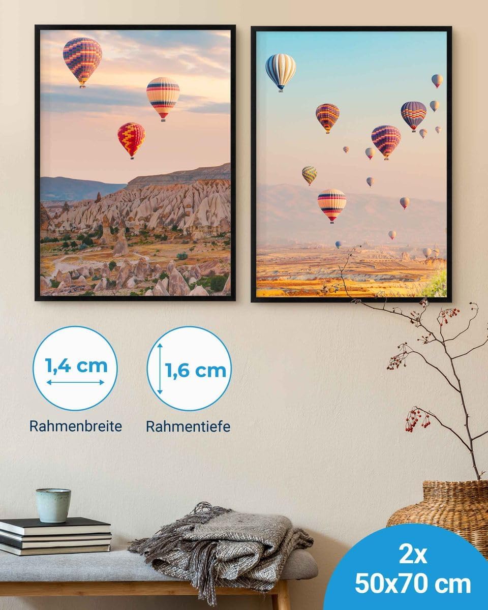 PHOTOLINI Bilderrahmen 50x70 cm Schwarz MDF-Holz, 2er Set Posterrahmen, bruchsicheres Acrylglas, zum