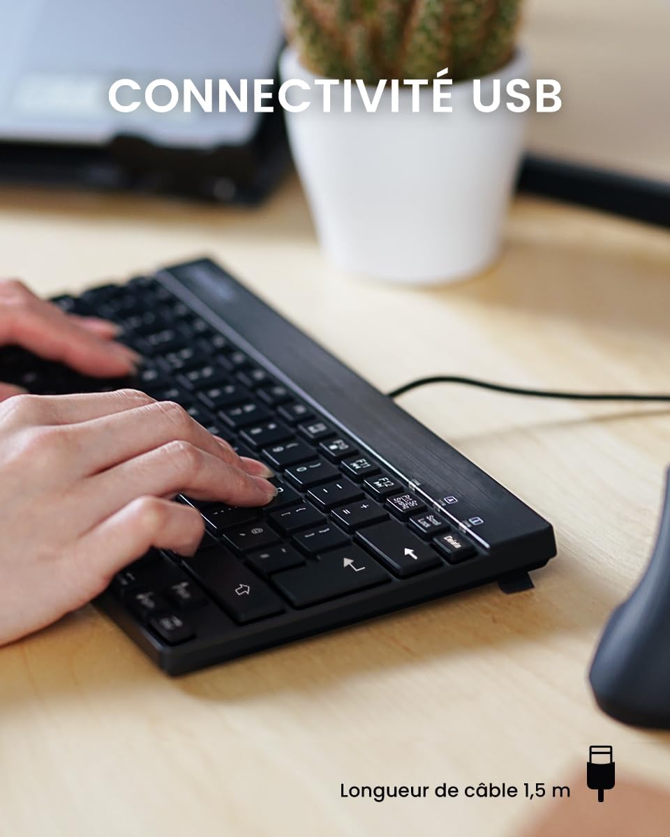 perixx PERIBOARD-426 Mini-Tastatur mit USB-Kabel, Französisch AZERTY, Schwarz, Schwarz