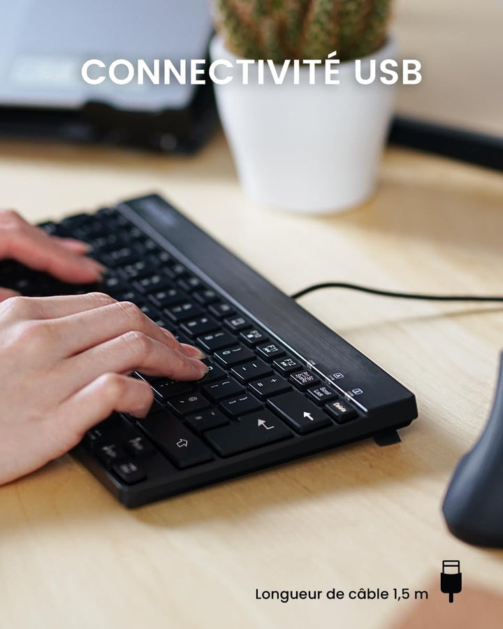 perixx PERIBOARD-426 Mini-Tastatur mit USB-Kabel, Französisch AZERTY, Schwarz, Schwarz