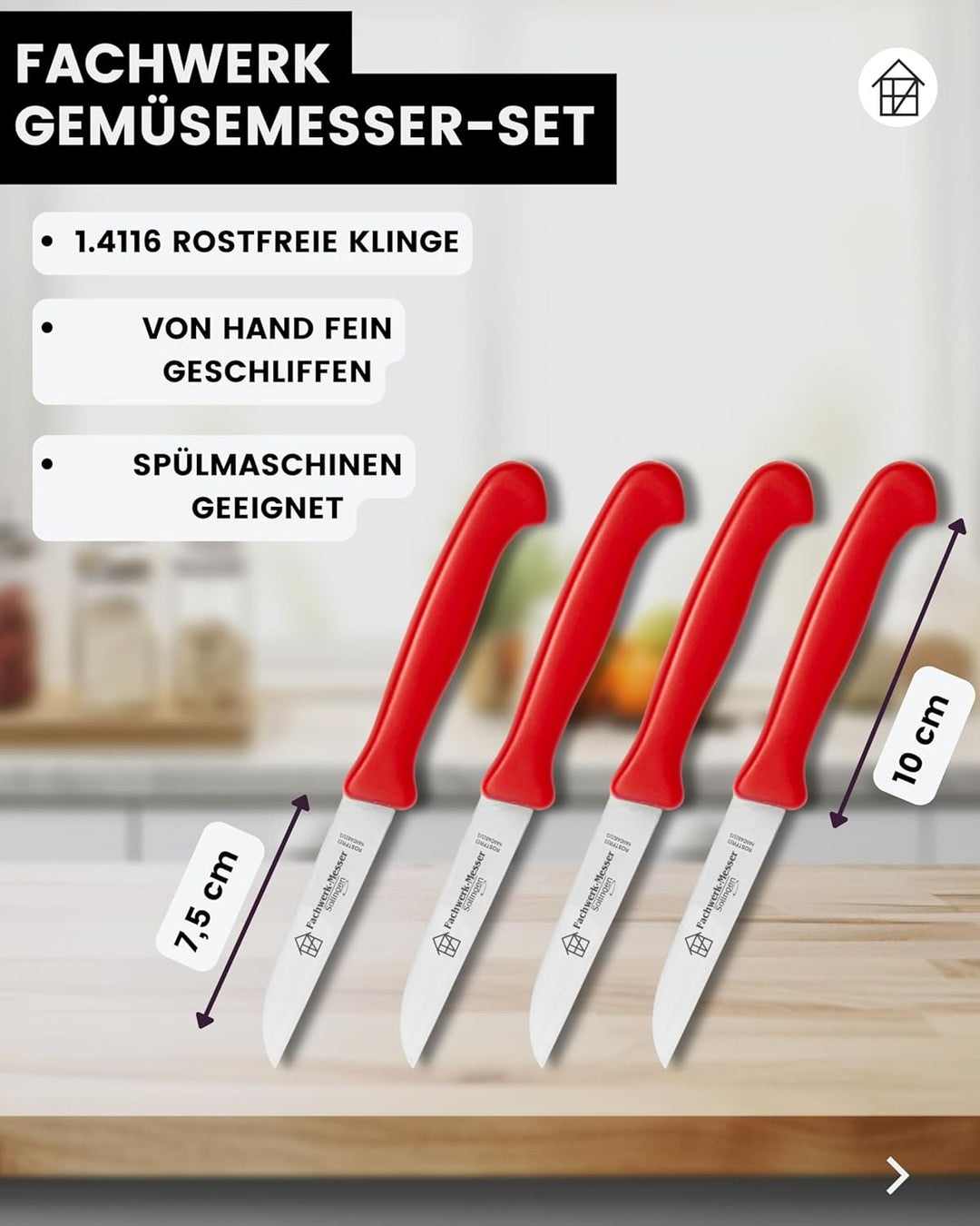 Küchenmesser 4er Set Schälmesser Gemüsemesser 7,5 cm Klingenlänge Solinger Qualität Rot 4er-Set Gera