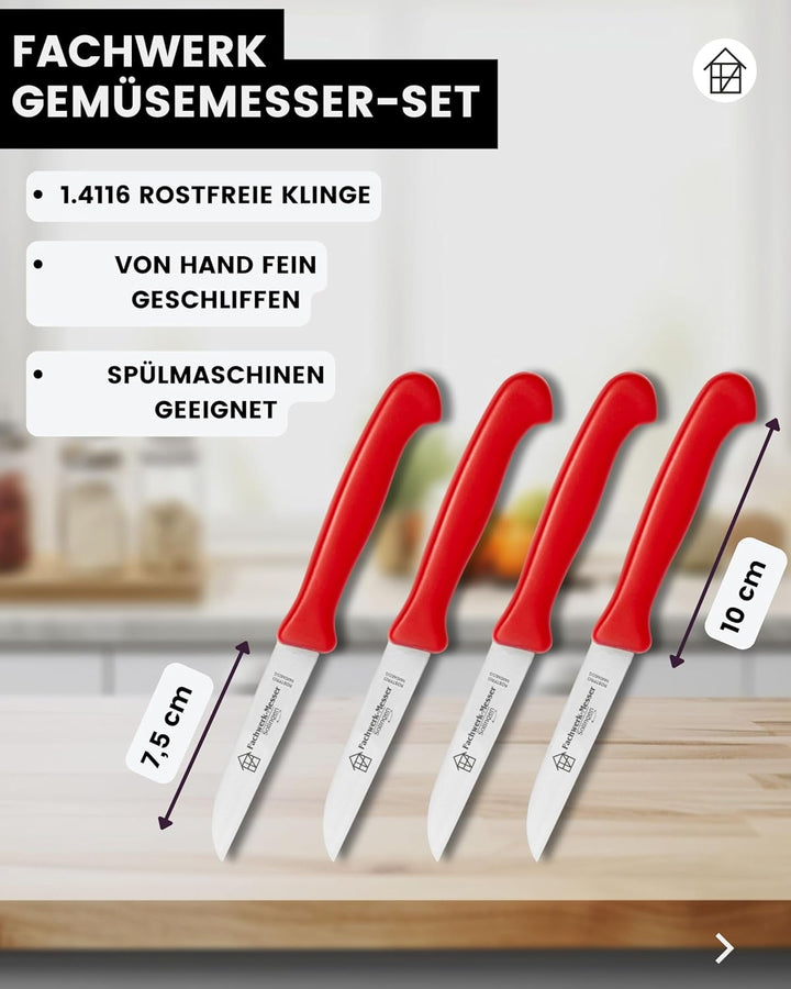 Fachwerk Gemüsemesser 4er Set – Küchenmesser aus Solingen, 7,5cm Klinge, 2x rot & 2x schwarz – schar