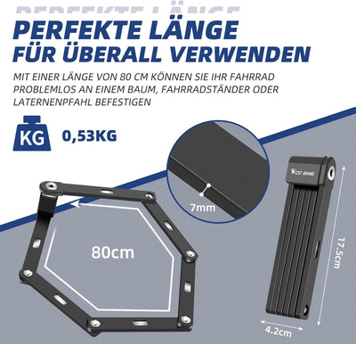 Faltschloss mit Halterung - fahrradschloss hohe sicherheit mit 80cm lang inkl 2 Schlüssel - Fahrrad