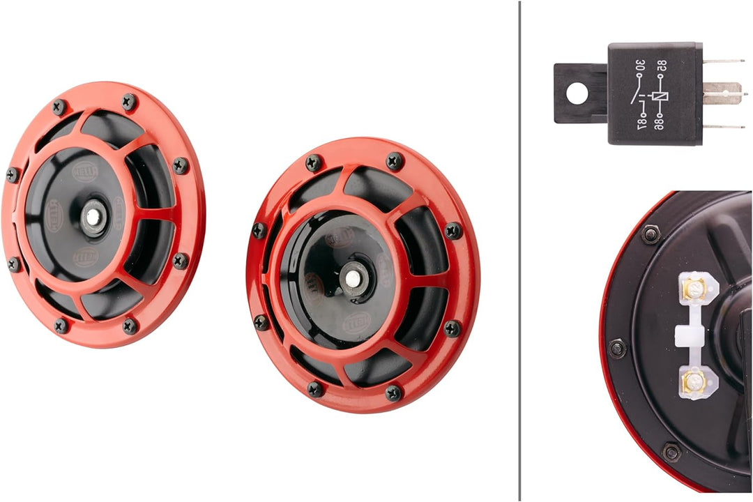 HELLA 3AG 003 399-801 Horn - B133 - 12V - Frequenzbereich: 300/500Hz - Starkton - Gehäusefarbe: rot/