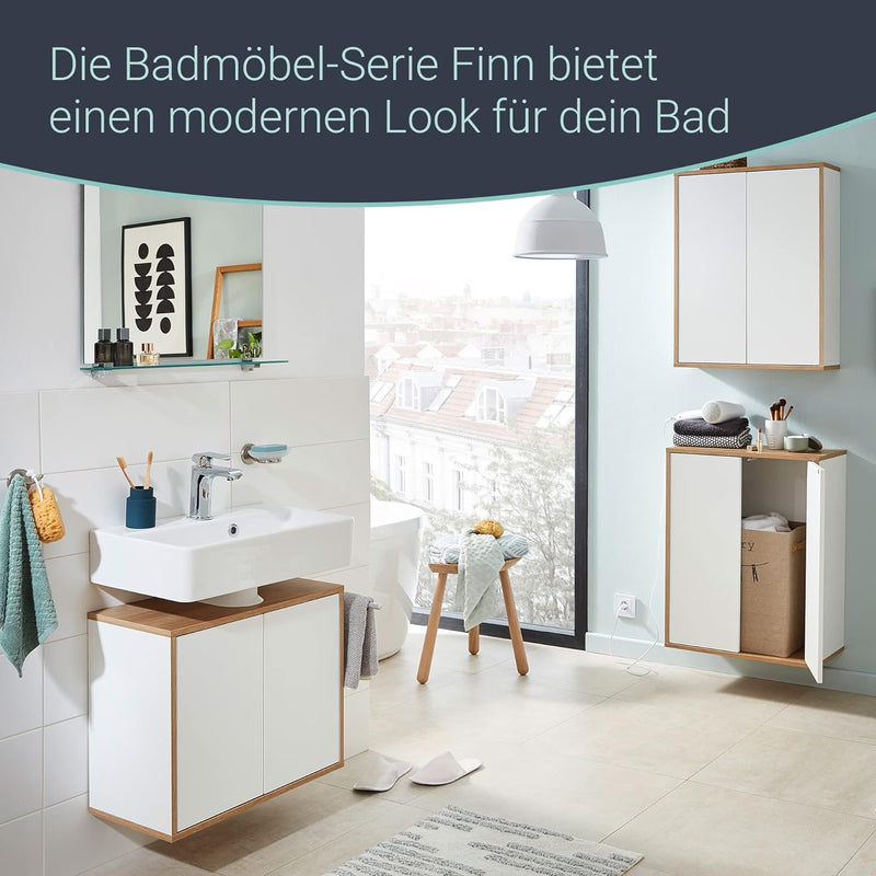 FACKELMANN Finn Midischrank (60 x 75 x 30,5 cm) – Badezimmerkommode mit 2 Einlegeböden aus Glas – Ba