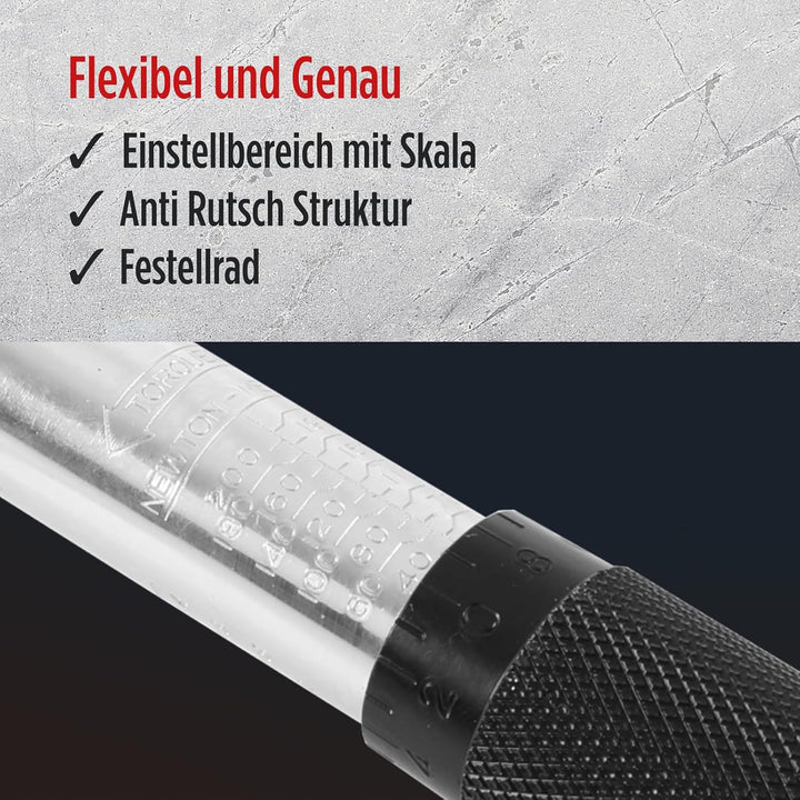 TECPO Drehmomentschlüssel Satz 1/2 Zoll Werkzeug 470mm lang 40-210 Nm 3x Steckschlüssel Nüsse 17mm 1