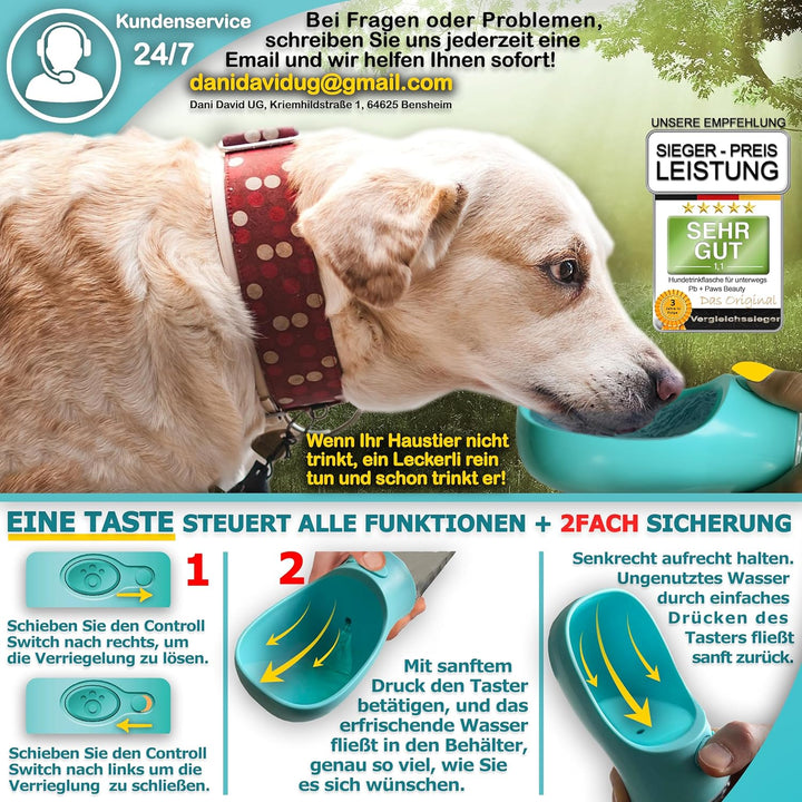NEU 3er GESCHENKESET | Innovative 550ml Hundetrinkflasche für unterwegs | inkl. Futterbehälter & Zah