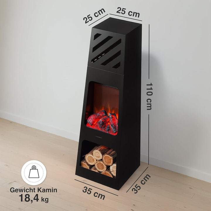 KAMINIO Elektrischer Gartenkamin Kai - Elektro Terrassenofen mit Heizung, 3D-Flammeneffekt, Holzfach