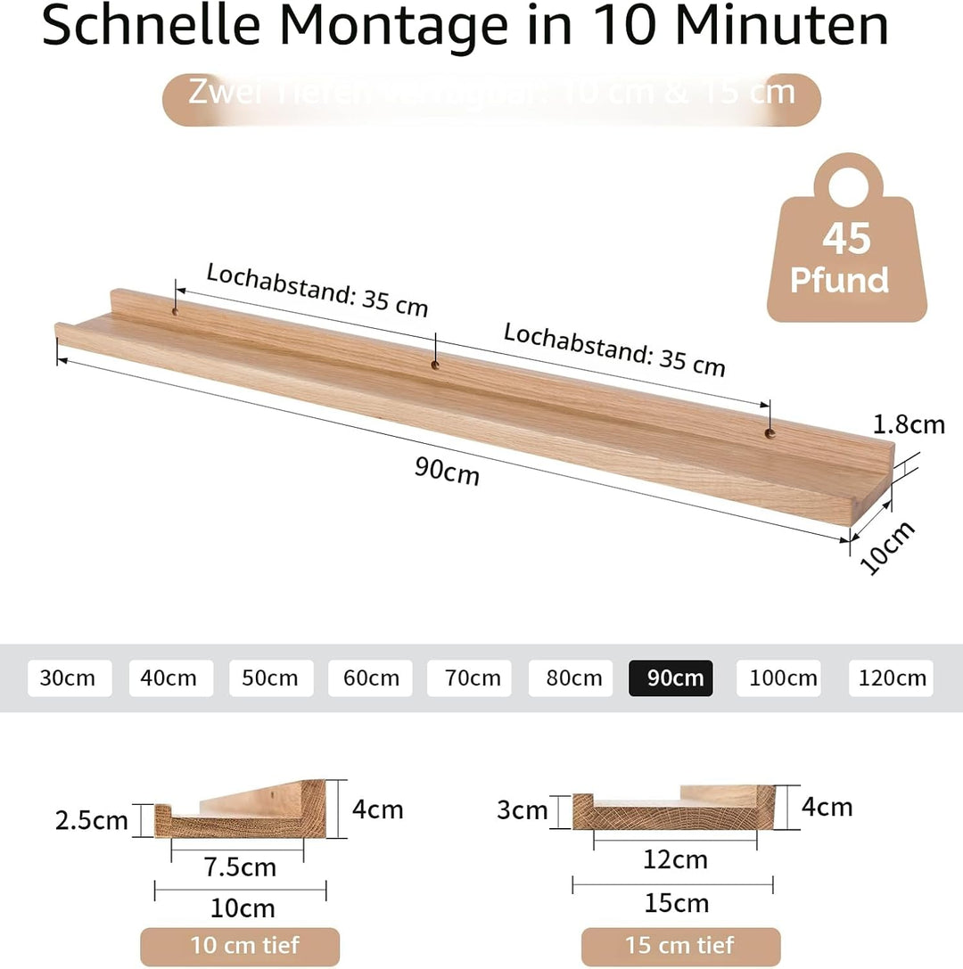 Gieanoo Bilderleiste Holz, 90cm Eiche Regal Massiv Schweberegal Wandregal gewürzregal regalbrett Hän