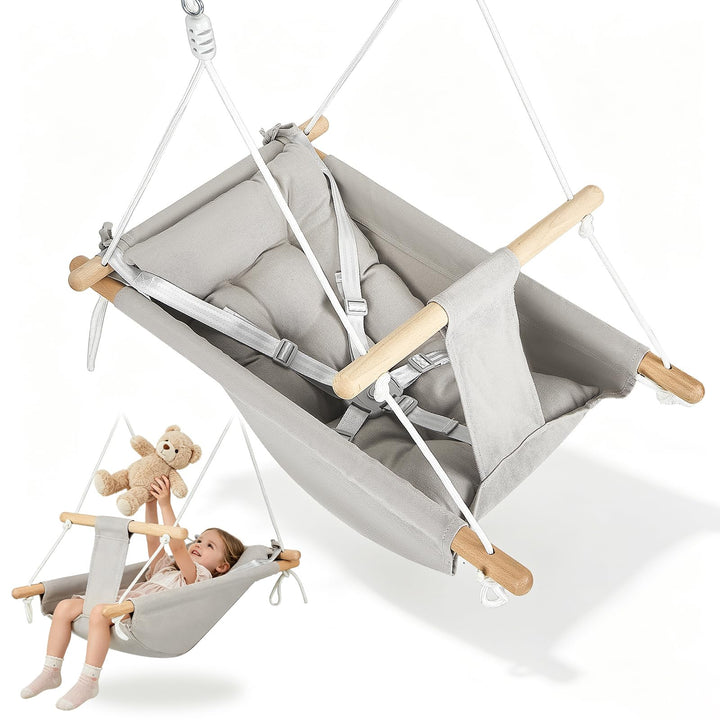 Babyschaukel 3 in 1, Holz-Hängeschaukelsitz mit Sicherheitsgurt und Baumwollkissen, Einstellbar Baby