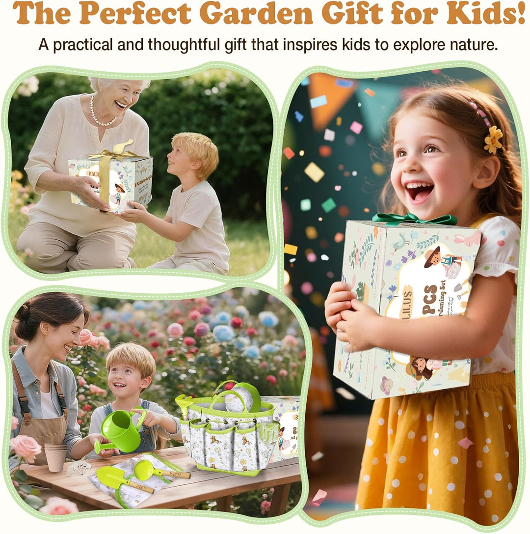 Kinder Gartengeräte Set 18-teilig - Gartenwerkzeug für Kinder inkl. Tragetasche, Giesskanne, Schürze