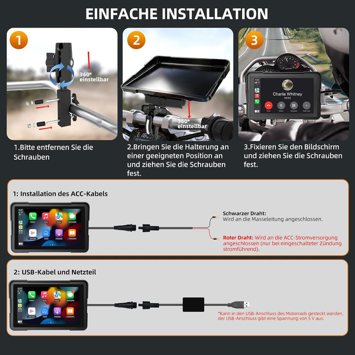 7 Zoll Motorrad Display mit Wireless CarPlay & Android Auto, 1000 Nits Helles Motorrad Navi Touchscr