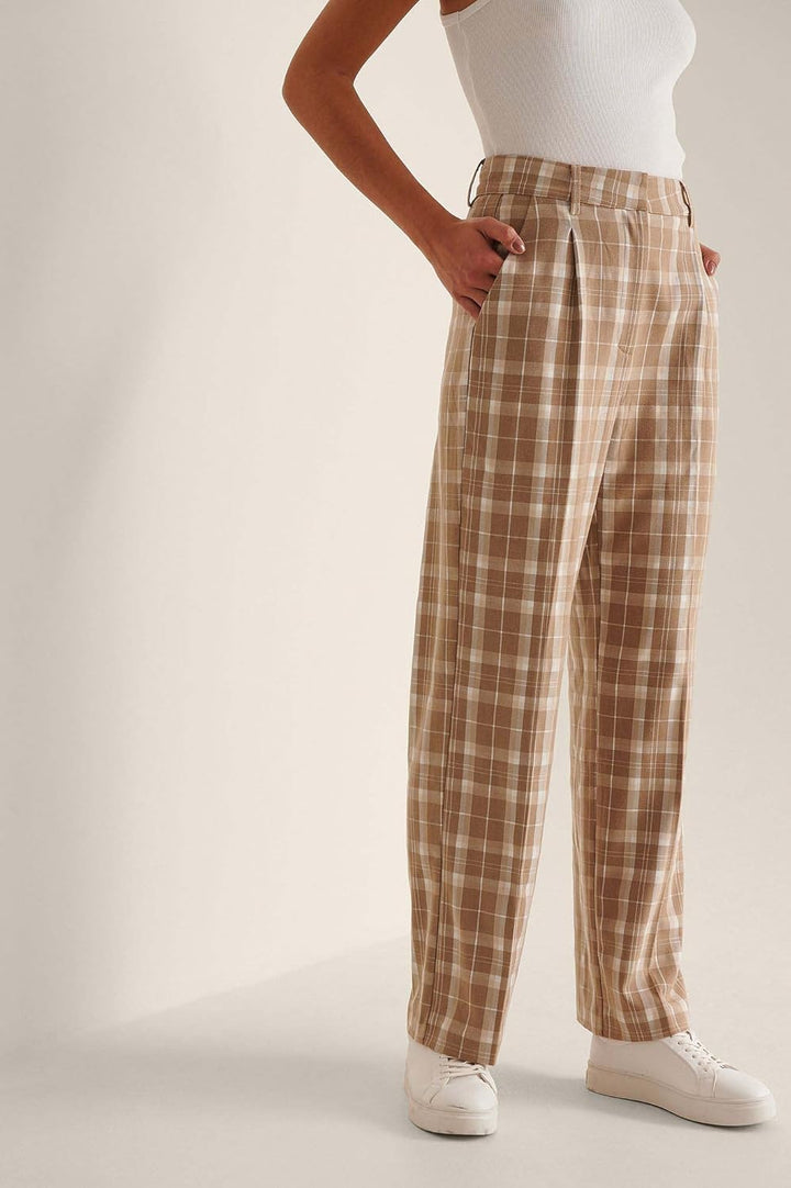 NA-KD Damen Loose Fit Suit Pants Hose 32 Beige Kariert, 32 Beige Kariert