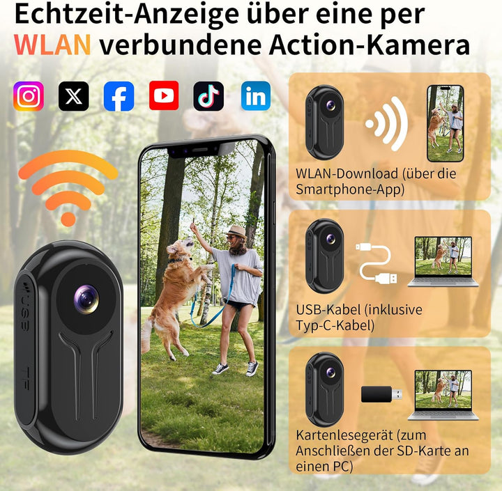 Action Camera 2K, Mini BodyCam Körperkamera 120° Weitwinkel Magnetische mit Display ActionCam für PO