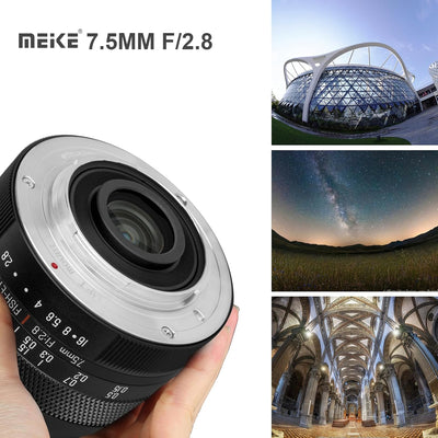 Meike 7,5 mm F2,8 grosse Blende, ultraweites, rundes Fischaugenobjektiv, manueller Fokus, kompatibel