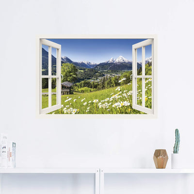 ARTland Wandbild selbstklebend Vinylfolie 100x70 cm Fensterblick Fenster Alpen Landschaft Berge Wald