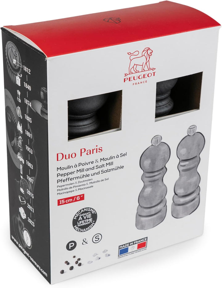 PEUGEOT – Duo Paris – Pfeffermühle + Salzmühle 15 cm – Klassische Einstellung – Aufbereitetes Holz m