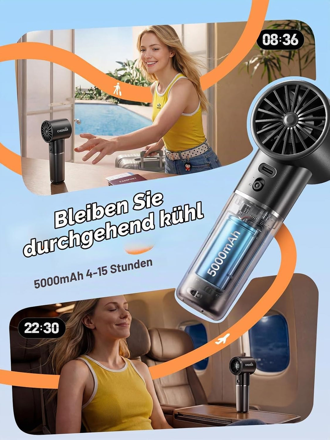 Tragbarer Handventilator, Mini-Ventilator mit 6 Geschwindigkeiten, 5000-mAh-Akku, bis zu 15 Std. Lau