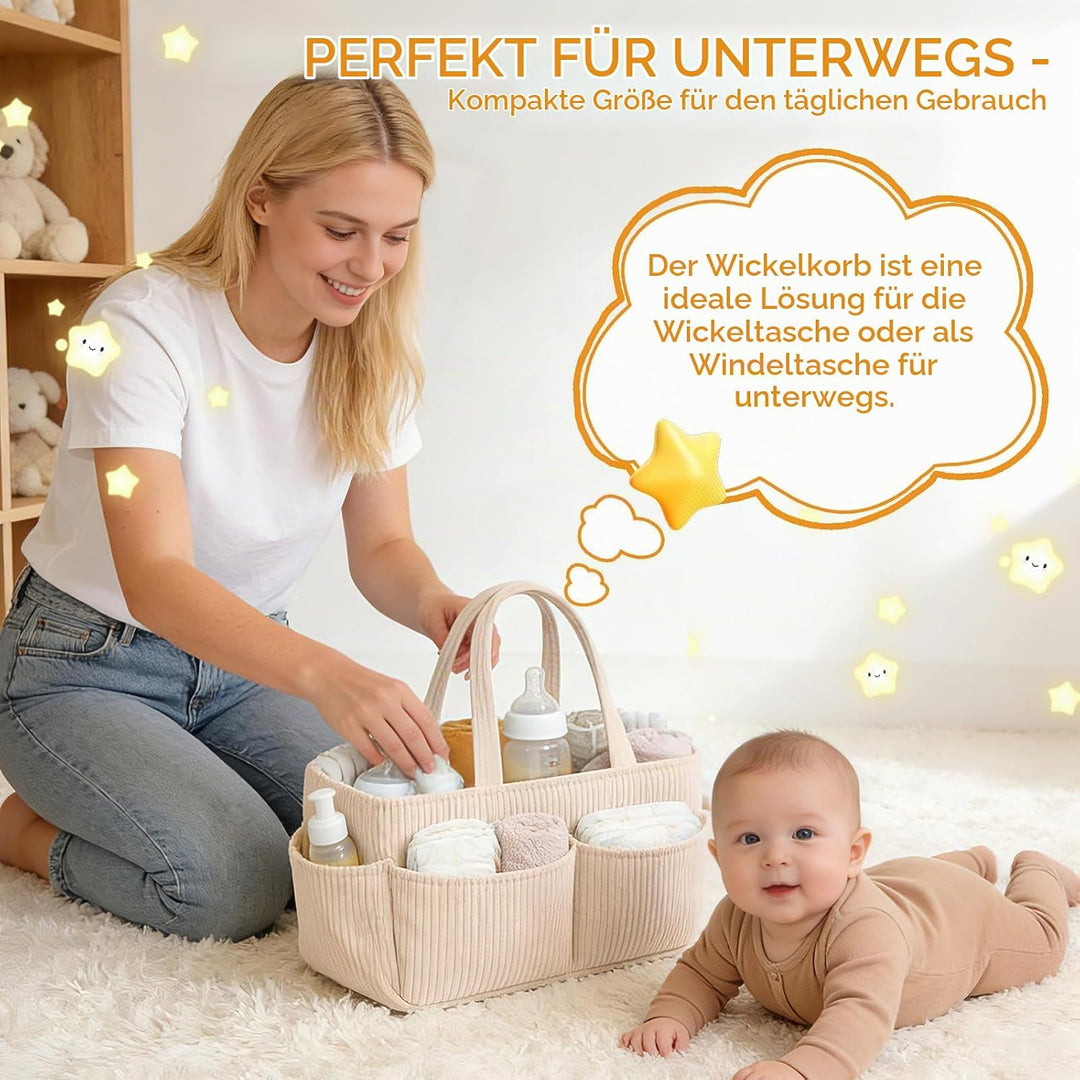 Wickelkorb Cord für Wickeltisch,Baby Windel Caddy Organizer mit Wechselbaren Fächern,Stilvoller Aufb