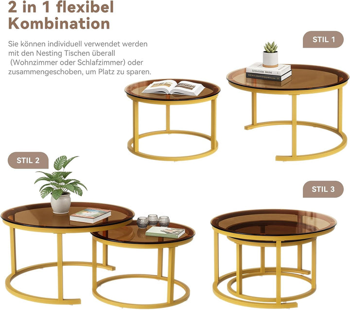 Hawthyhome Runde Beistelltisch 2er Set, Moderner Wohnzimmertisch für Wohnzimmer, Couchtische Set Sat