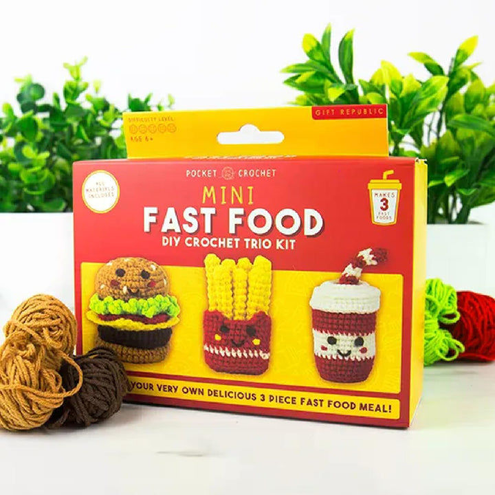 Mini Fast Food Häkelset - DIY Häkeltrio-Set für Anfänger | Burger, Pommes Frites & Drink Charaktere
