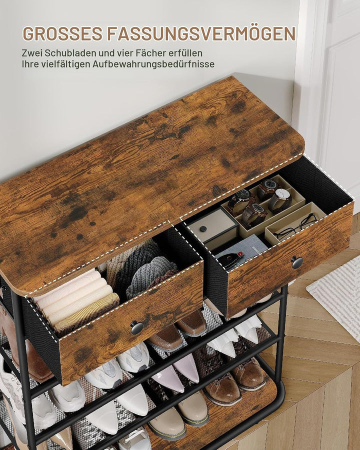 Hzuaneri Schuhregal, 5 Ebenen, 2 Stoffschubladen, 3 Gittern, Verstellbaren | Schuhständer für Eingan