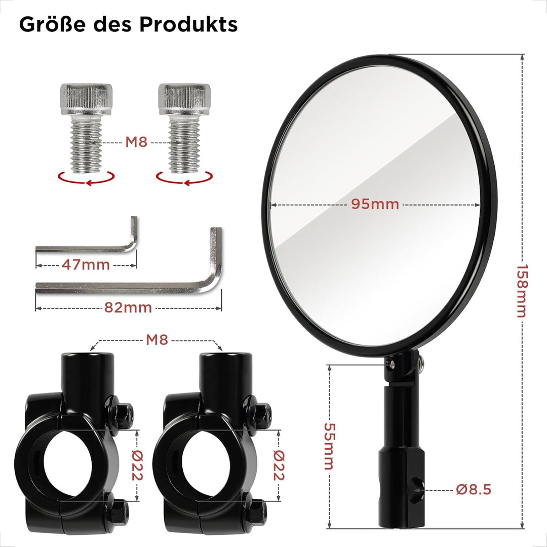 evermotor Lenkerendenspiegel, E-geprüft, 360°Drehbar Motorrad Spiegel | CNC-gefrästem Aluminium, 7/8
