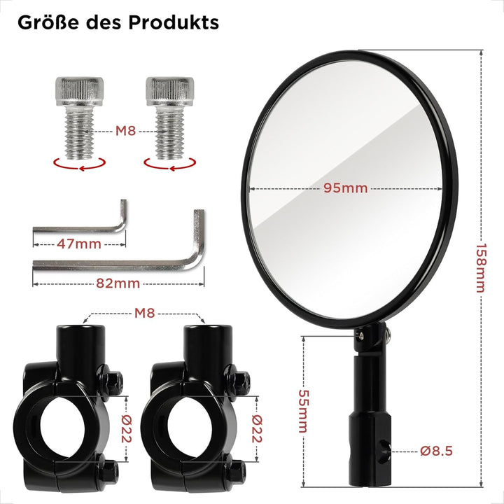 evermotor Lenkerendenspiegel, E-geprüft, 360°Drehbar Motorrad Spiegel | CNC-gefrästem Aluminium, 7/8