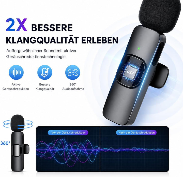 Kabelloses Lavalier Mikrofon für iPhone &amp; Android, Ansteckmikrofon mit USB-C &amp; Lightning, Handy Mikr