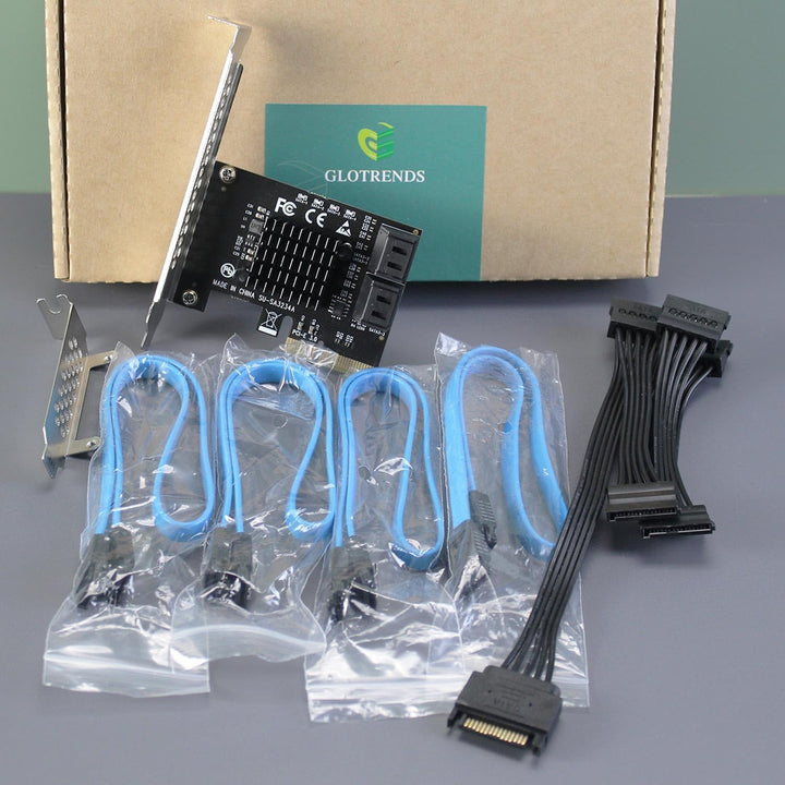 GLOTRENDS SA3234-C 4-Port PCIe X4 SATA Erweiterungskarte mit SATA- und Stromkabeln, kompatibel mit W