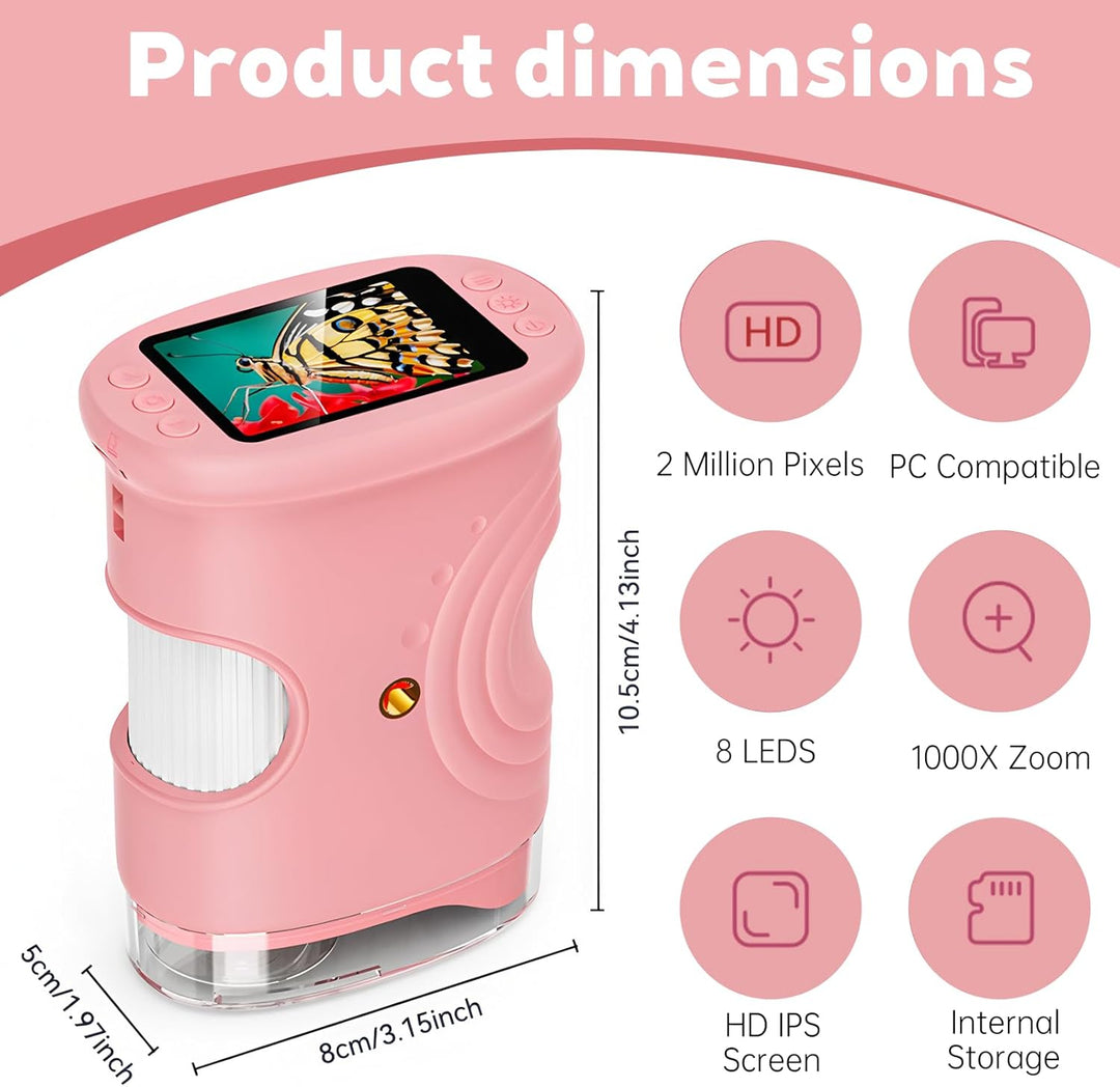 Mikroskop für Kinder, 1000x Digital Mikroskop, Taschenmikroskop Experimente für Kinder ab 6, Kinderm