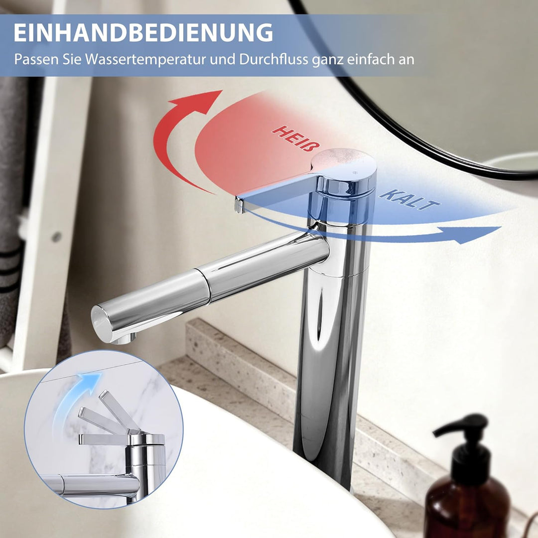 HOMELODY Waschtischarmatur Hoch mit 360°drehbarer Auslauf &amp; Körper - Edelstahl Wasserhahn Bad mit 21