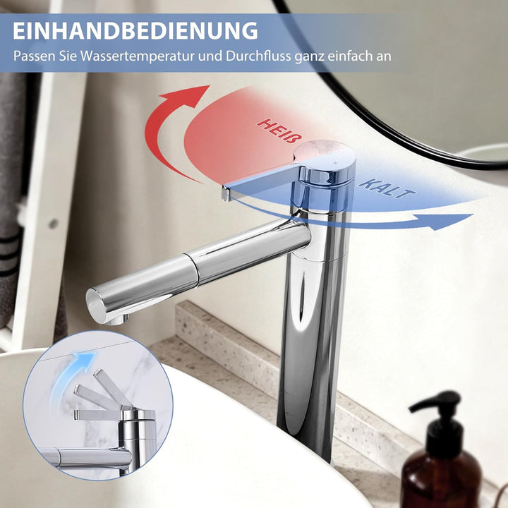 HOMELODY Waschtischarmatur Hoch mit 360°drehbarer Auslauf &amp; Körper - Edelstahl Wasserhahn Bad mit 21