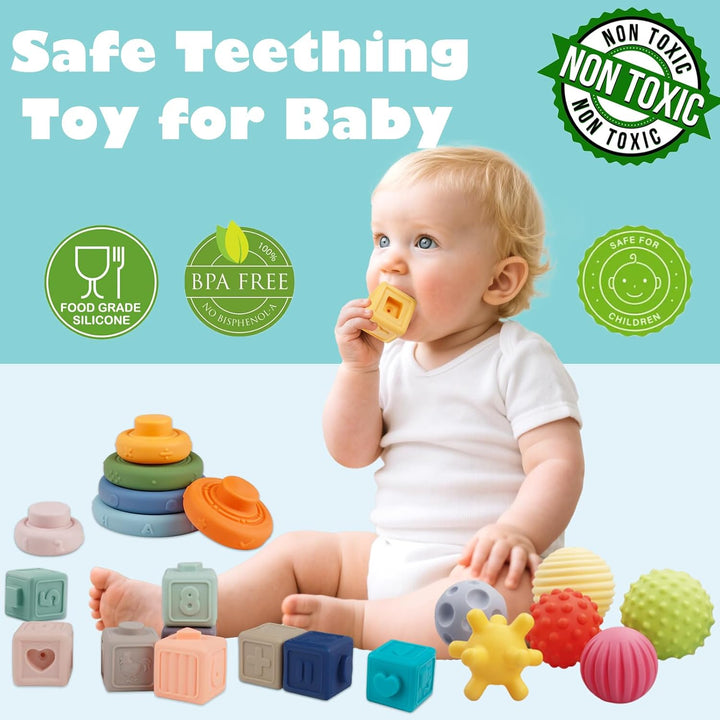 Montessori Spielzeug für Baby 6-12 Monate, 3 in 1 Stapelspiel Bausteine Babyspielzeug Set ab 1 2 3 J