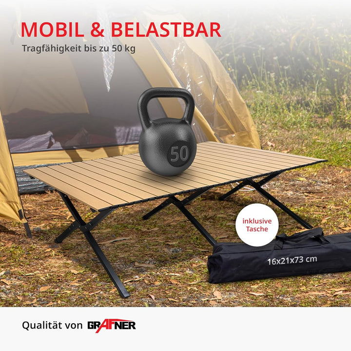 Grafner XXL Campingtisch in Holzoptik klappbar, 118 x 58 x 43 cm, niedrige Ausführung, kleines Packm