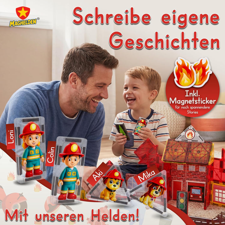 Magnetische Bausteine Feuerwehrstation 70 Teile - Magnetbausteine & Magnetspiel mit integrierten Fig