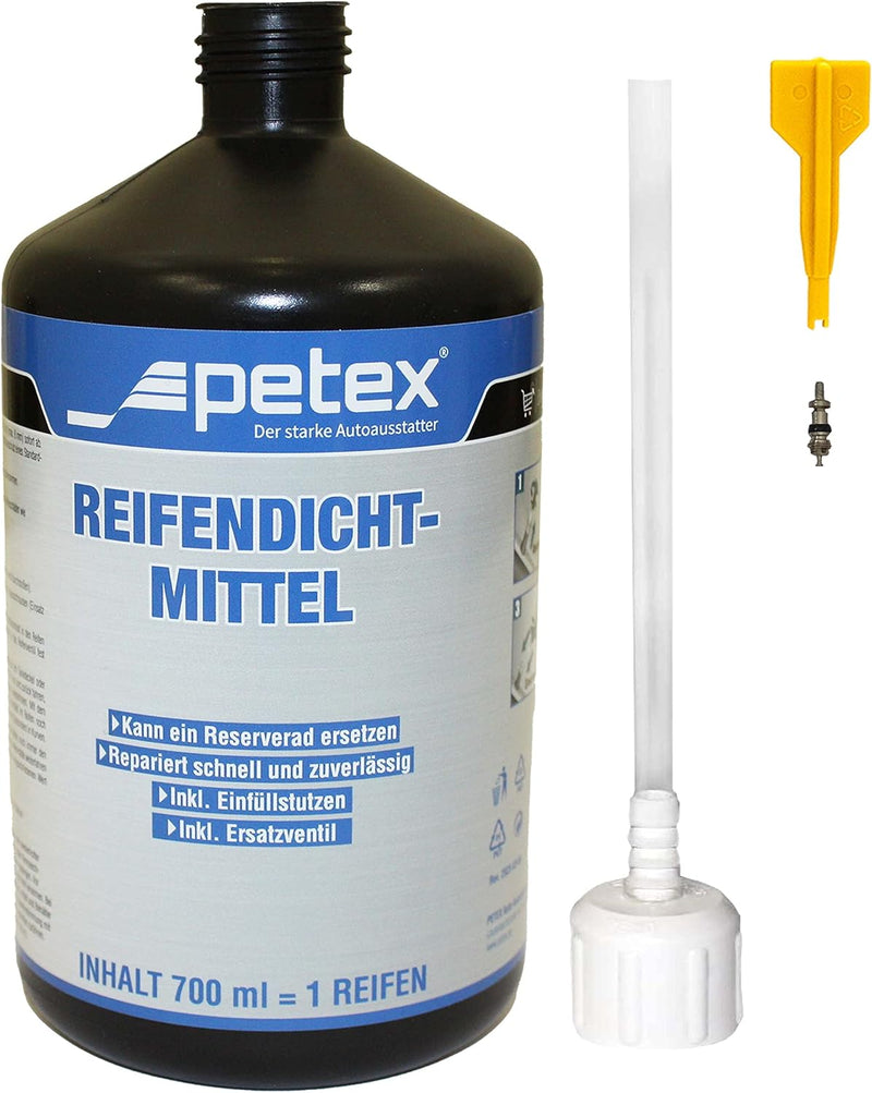 PETEX Reifendichtmittel Inhalt 700 ml inkl. Einfülldeckel, Ventilausdreher mit Flügel, Ersatzventil,