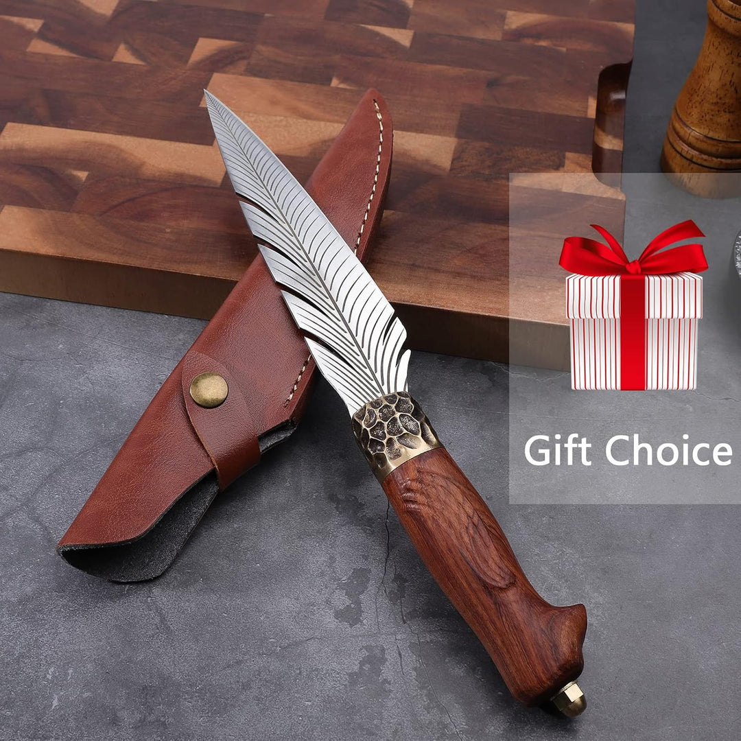 PURPLEBIRD Handgeschmiedetes Japanisches Kochmesser mit Lederhülle,Scharfes Ausbeinmesser mit Holzgr