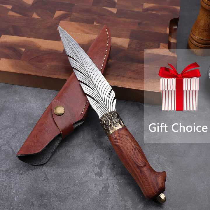 PURPLEBIRD Handgeschmiedetes Japanisches Kochmesser mit Lederhülle,Scharfes Ausbeinmesser mit Holzgr