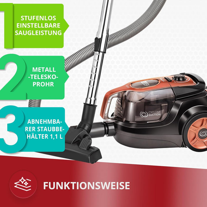 MPM MOD-25 Beutelloser Zyklon-Staubsauger, mit Zubehör, 1,1 Liter, leise, einfache Reinigung, 9 Mete