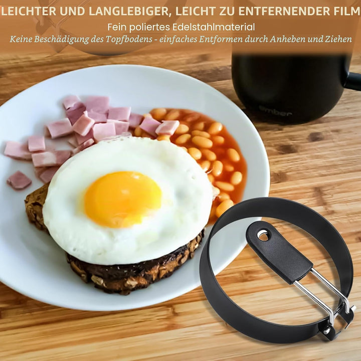 Eierring-Set aus Edelstahl, 8,9 cm, runde Eierform zum Braten und Grillen, mit Ölpinsel (4 Ringe, 2