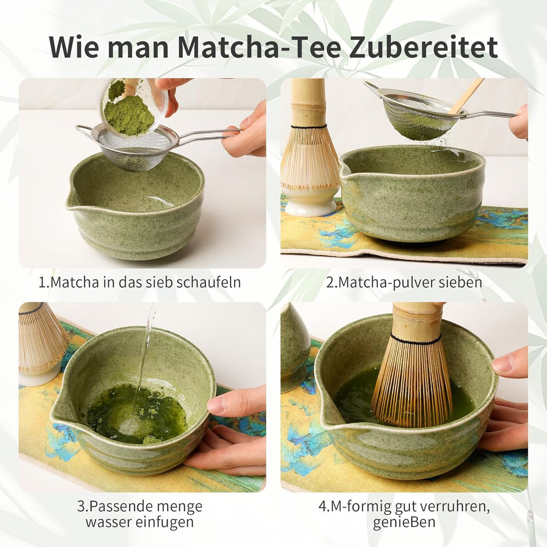 Matcha Set 7-Teilig, Japanisches Teezeremonie Set mit Keramikschale Bambus Besen, Sieb, Löffel, Halt