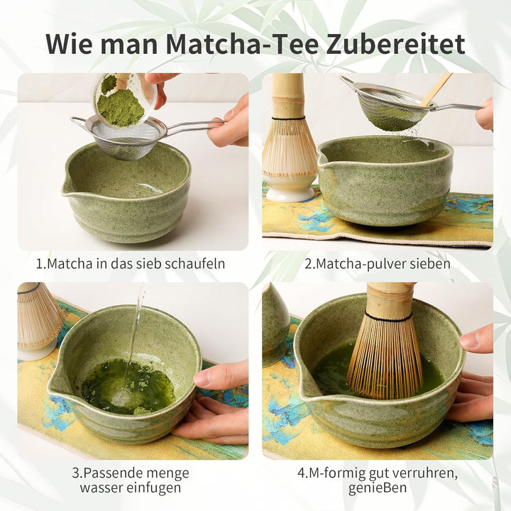 Matcha Set 7-Teilig, Japanisches Teezeremonie Set mit Keramikschale Bambus Besen, Sieb, Löffel, Halt