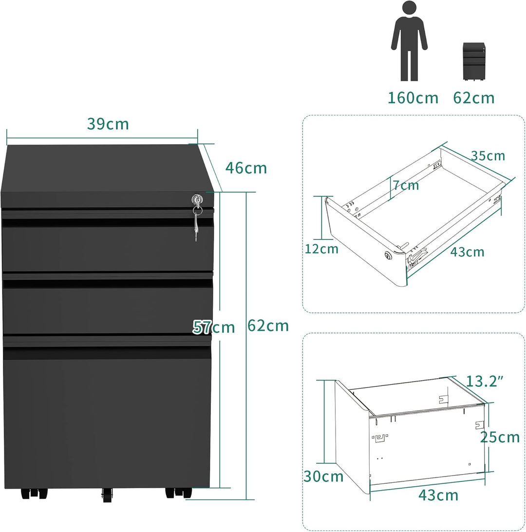 YITAHOME Mobiler Aktenschrank, Abschliessbar Rollcontainer mit 3 Schubladen für A4, Legal, Letter, M