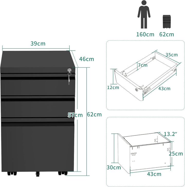 YITAHOME Mobiler Aktenschrank, Abschliessbar Rollcontainer mit 3 Schubladen für A4, Legal, Letter, M