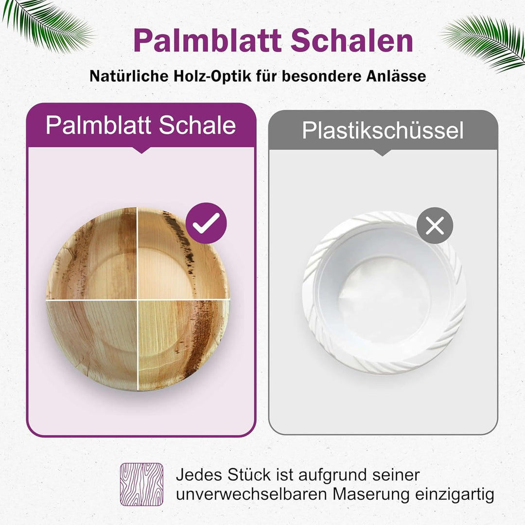 Waipur Bio Palmblatt Schalen - 25 Schalen Ø 11 cm / 200 ml - Premium Einweg Geschirr kompostierbar -