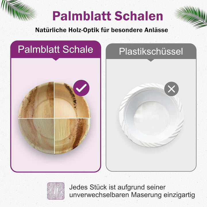 Waipur Bio Palmblattschalen - 200 Schalen Ø 13 cm / 275 ml - Premium Einweg Geschirr kompostierbar -